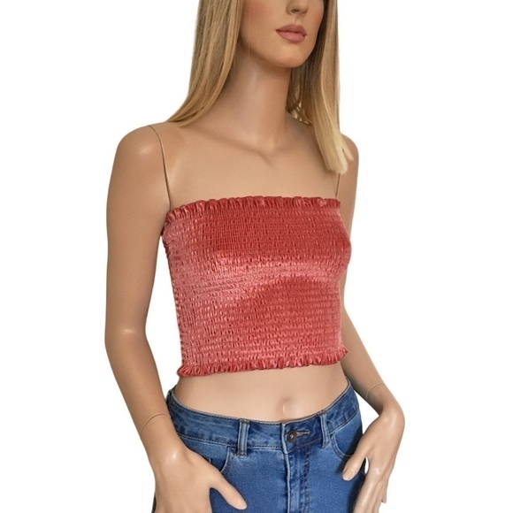 Hollister Shirred Smocked Crop Tube Top Tank Ruffles and Velvet Pullover - Picture 4 of 14